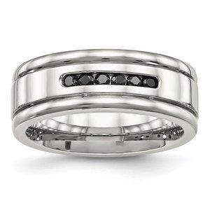 Stainless Steel Polished with Black CZ 8mm Grooved Band